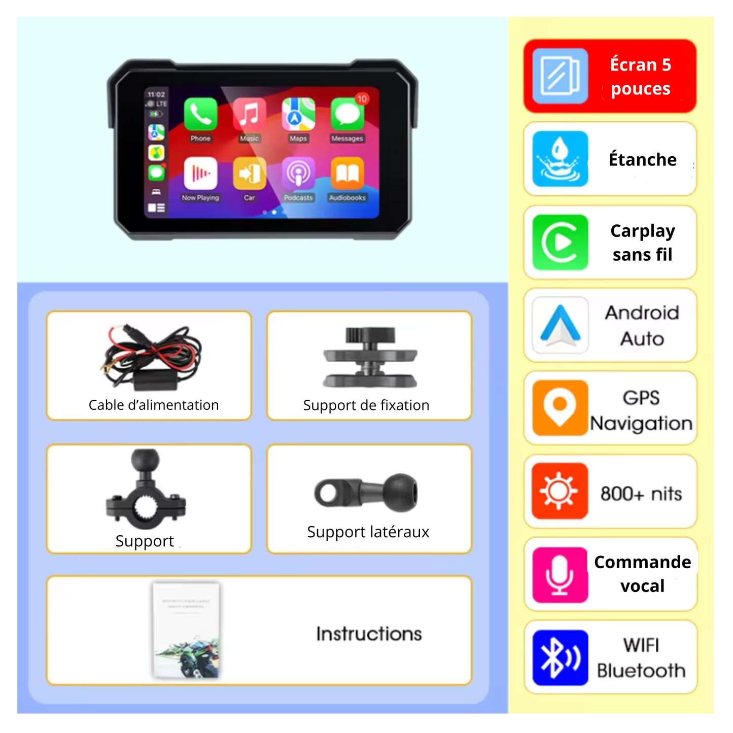 Écran CarPlay Moto Pro 5 Pouces – Navigation GPS, Bluetooth Casque, Étanche