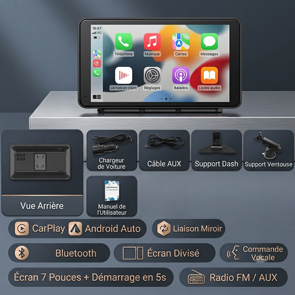 Écran Tactile Compatible CarPlay et Android Auto 7 Pouces Portable sans fil