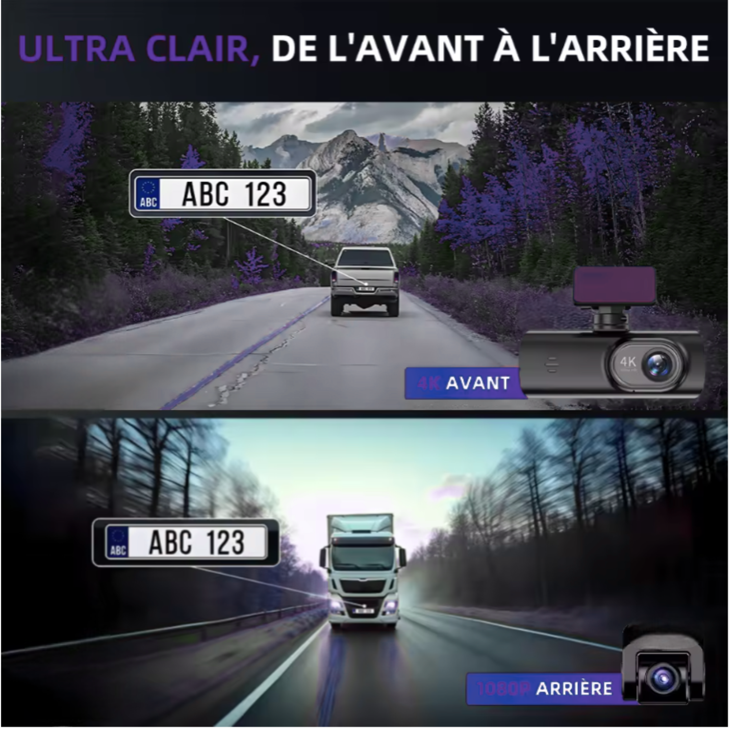 Dashcam 4K UHD WiFi avec double objectif avant et arrière 1080P