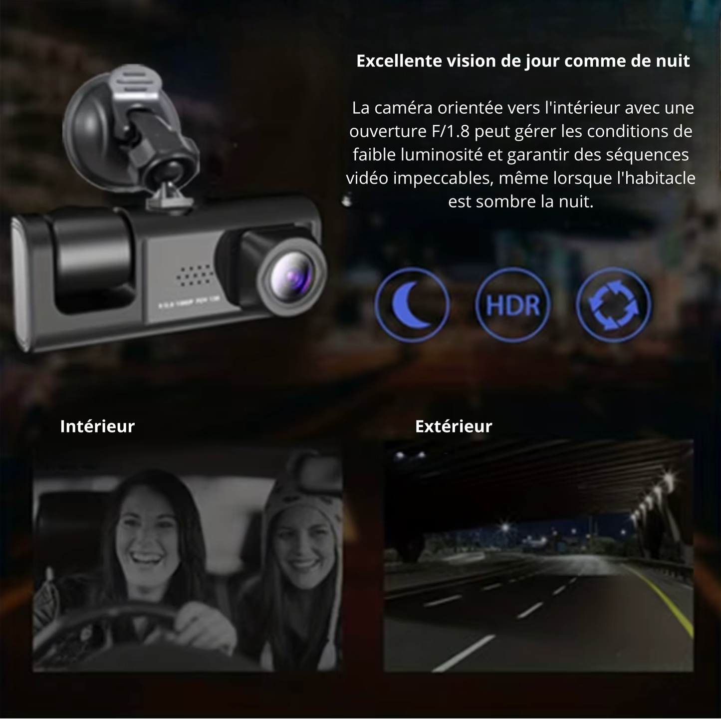 Dashcam 3 caméras Full HD 1080P avec écran IPS 2 pouces