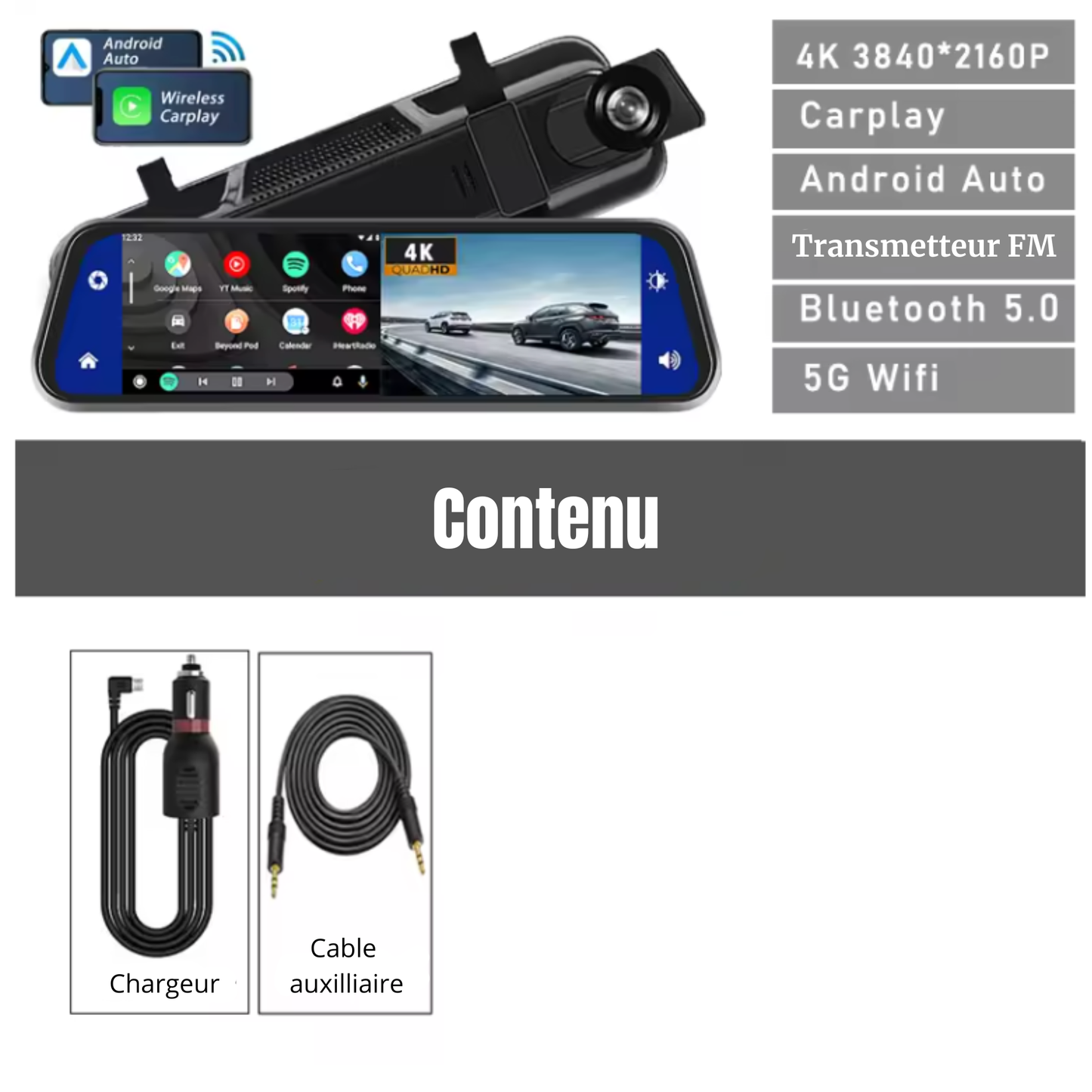 Rétroviseur Tactile Compatible CarPlay et Android Auto 10 Pouces – Navigation GPS, Caméra Recul