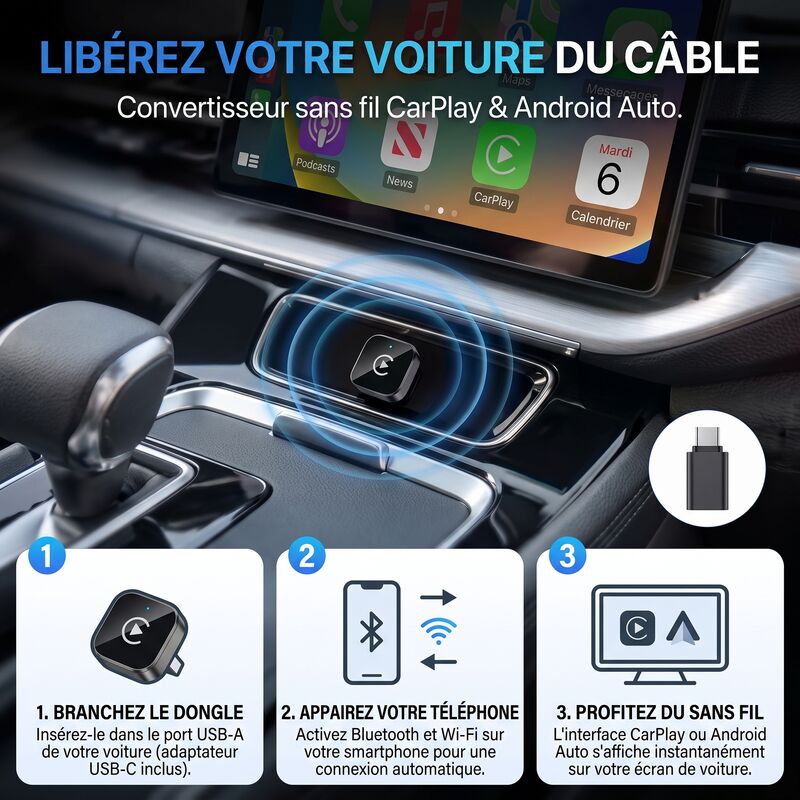 Installation de l'adaptateur CarPlay sans fil en trois étapes