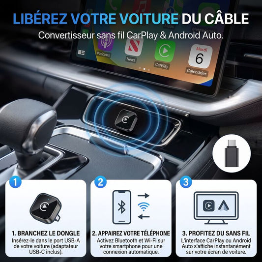 Installation de l'adaptateur CarPlay sans fil en 3 étapes : brancher, appairer, rouler