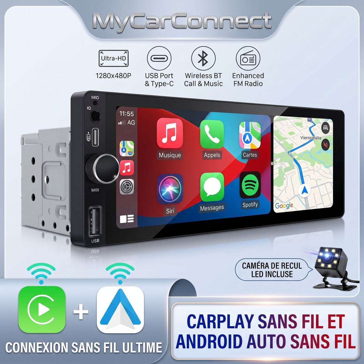 Connectique arrière de l'autoradio CarPlay avec entrée caméra de recul