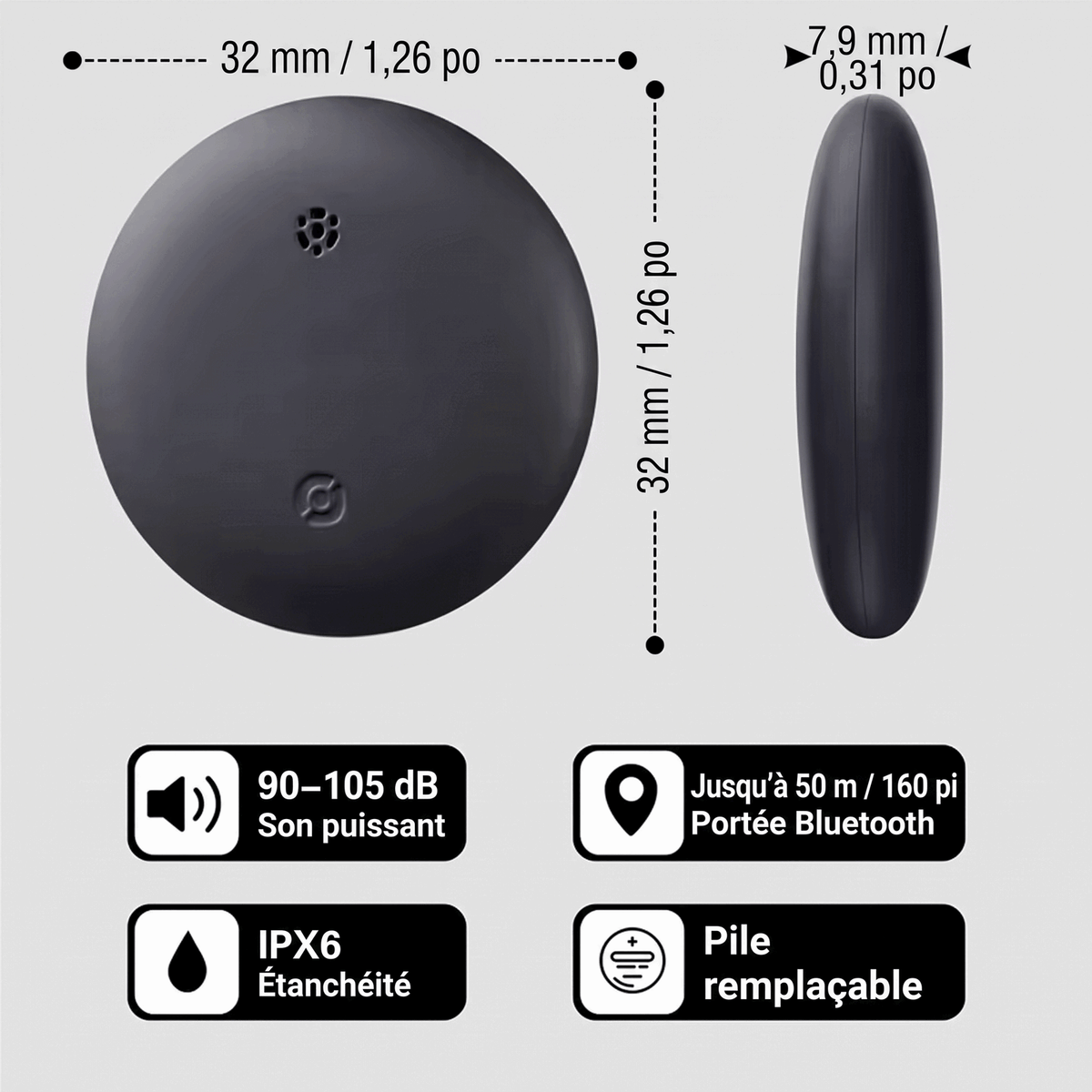 Dimensions du mini traceur Bluetooth : 32 mm de diamètre, 7,9 mm d'épaisseur
