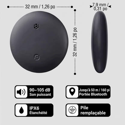 Dimensions du mini traceur Bluetooth : 32 mm de diamètre, 7,9 mm d'épaisseur