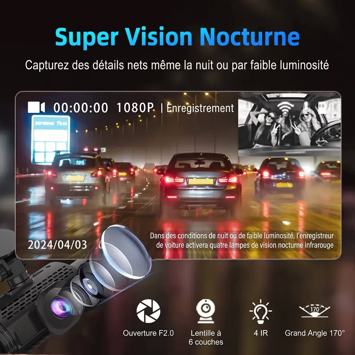 Vision nocturne de la dashcam 4 canaux : image de nuit en 1080P, ouverture F2.0, LED infrarouges, grand angle 170°