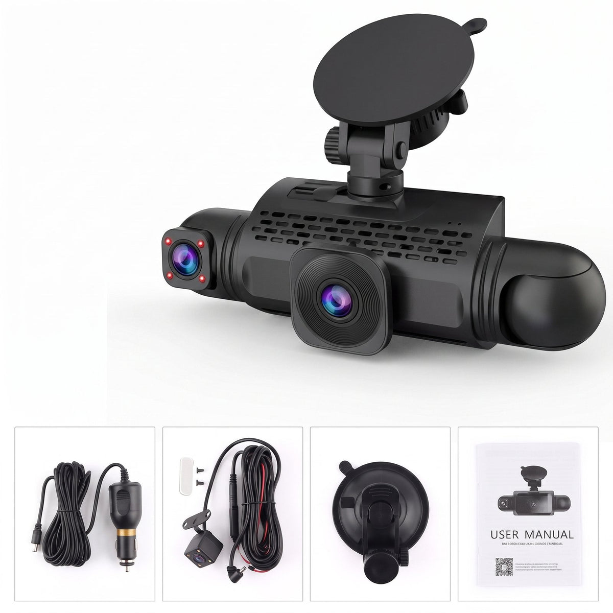 Dashcam 4 canaux avec support ventouse, câbles d'alimentation et manuel d'utilisation