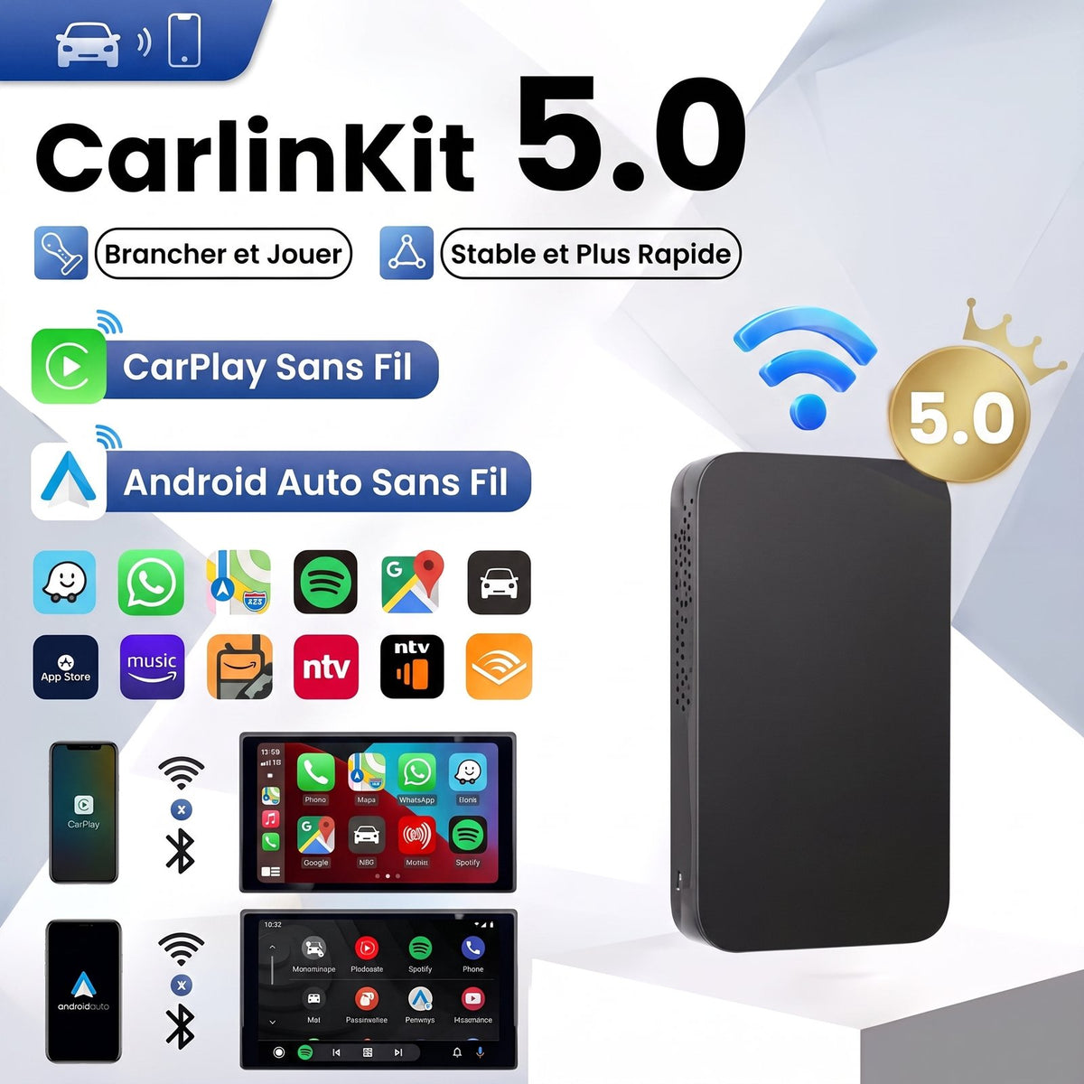 Fonctionnalités du boîtier 2-en-1 : CarPlay sans fil, Android Auto sans fil, plug & play
