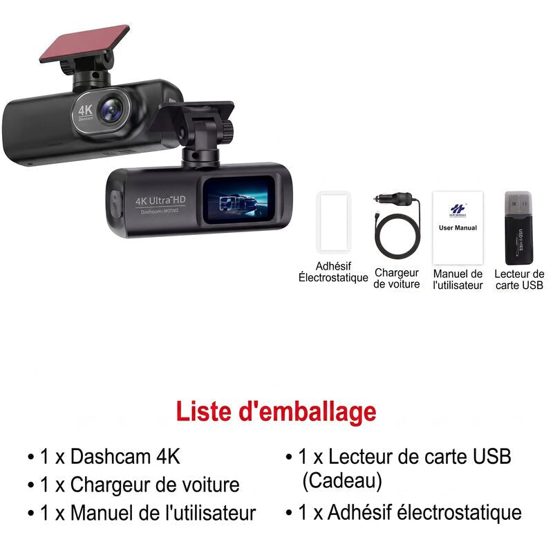 Liste d'emballage de la dashcam 4K : dashcam, chargeur de voiture, manuel, lecteur de carte USB et adhésif électrostatique