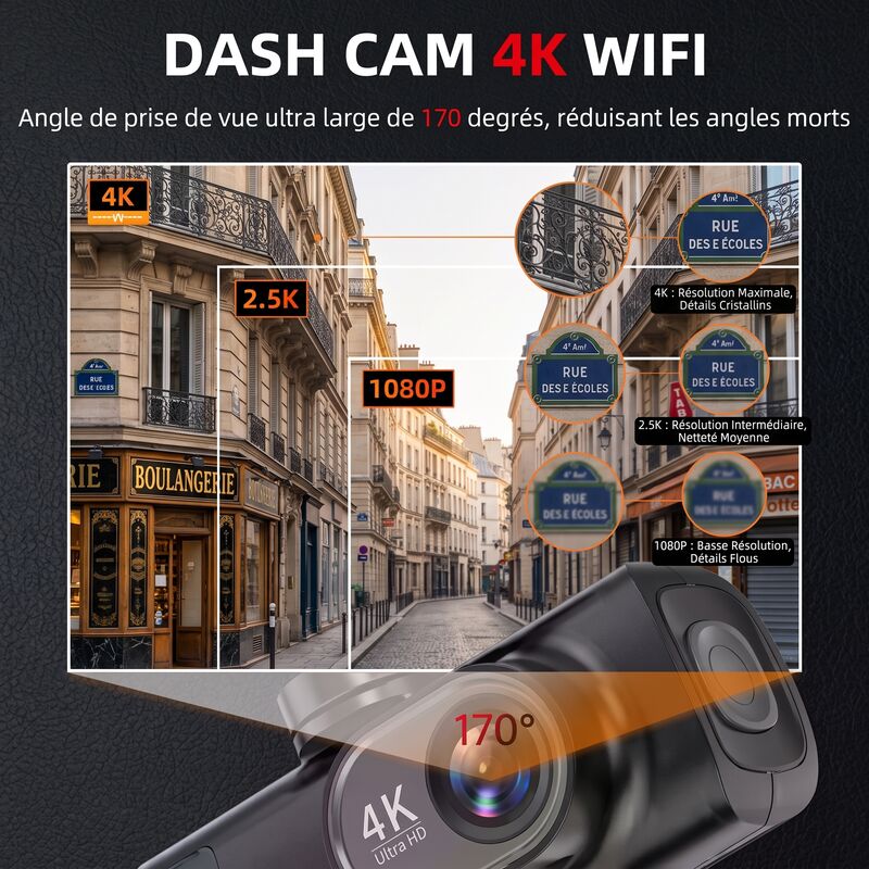 Dashcam 4K WiFi : résolutions 4K, 2.5K et 1080P, angle de vue de 170°