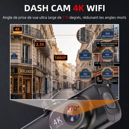 Dashcam 4K WiFi : résolutions 4K, 2.5K et 1080P, angle de vue de 170°