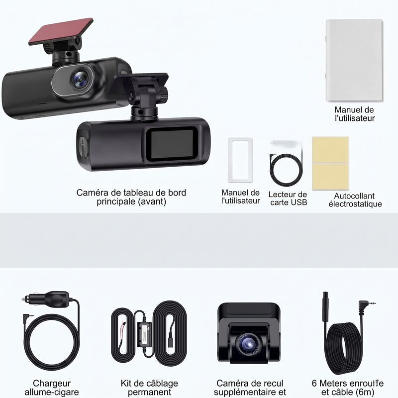Contenu de la boîte de la dashcam 4K : caméra principale, chargeur allume-cigare, kit de câblage, caméra de recul et câble 6 m selon la version