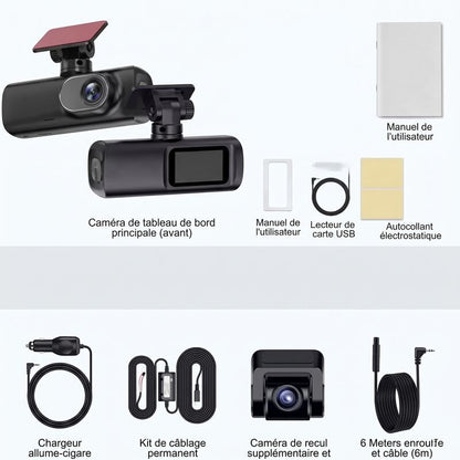 Contenu de la boîte de la dashcam 4K : caméra principale, chargeur allume-cigare, kit de câblage, caméra de recul et câble 6 m selon la version