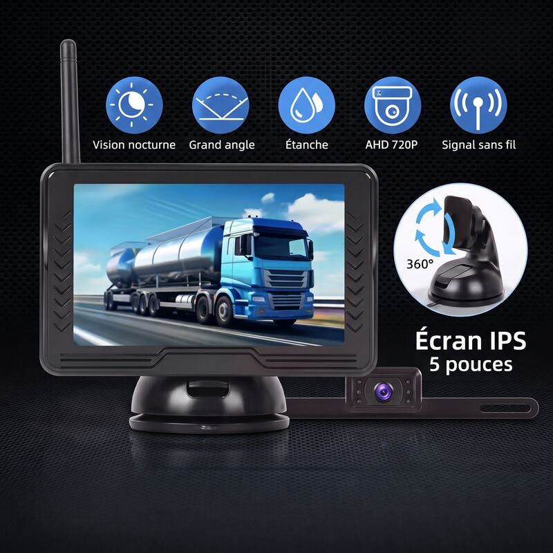 Moniteur IPS 5 pouces du kit caméra de recul sans fil : vision nocturne, grand angle, étanche