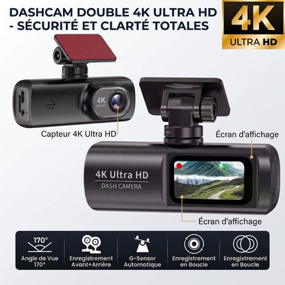 Dashcam 4K Ultra HD : capteur 4K, écran d'affichage, angle 170°, G-sensor et enregistrement en boucle