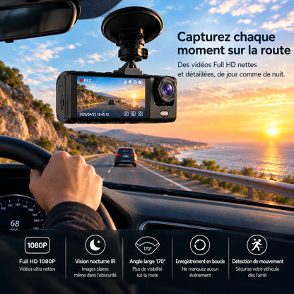 Dashcam 3 caméras en usage sur la route : Full HD 1080P, vision nocturne, enregistrement en boucle