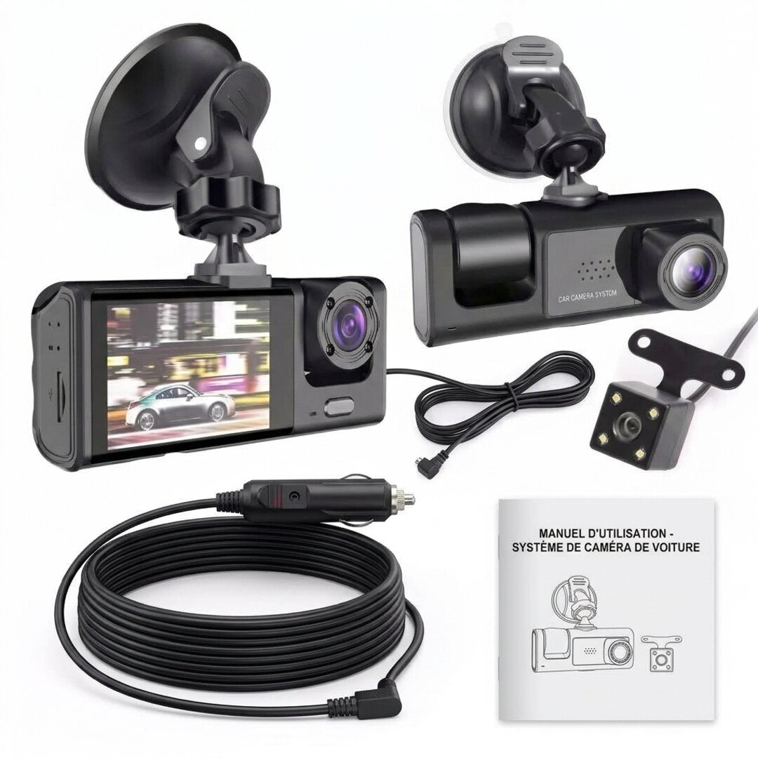 Contenu de la boîte de la dashcam 3 caméras : dashcam, caméra arrière, câbles, support et notice
