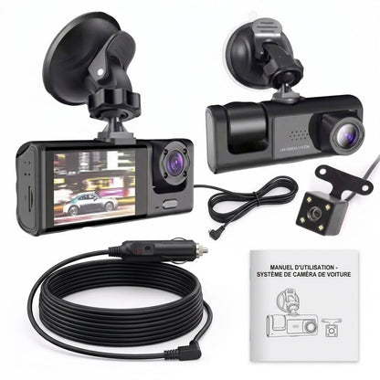 Contenu de la boîte de la dashcam 3 caméras : dashcam, caméra arrière, câbles, support et notice