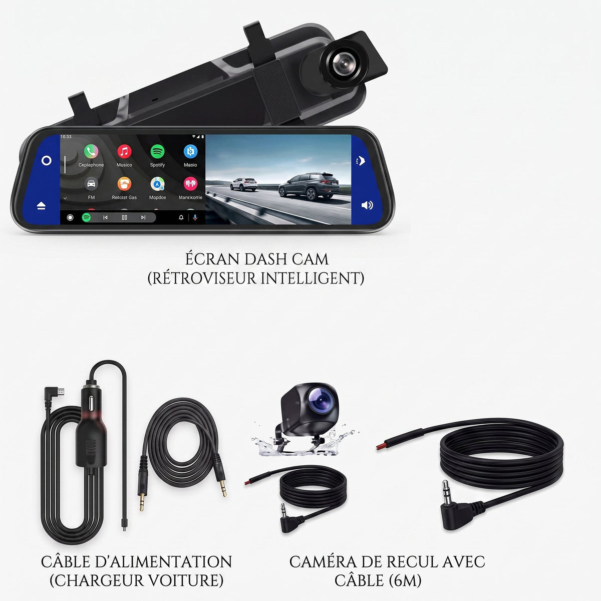 Dalle IPS tactile 1920x720 du rétroviseur CarPlay et Android Auto