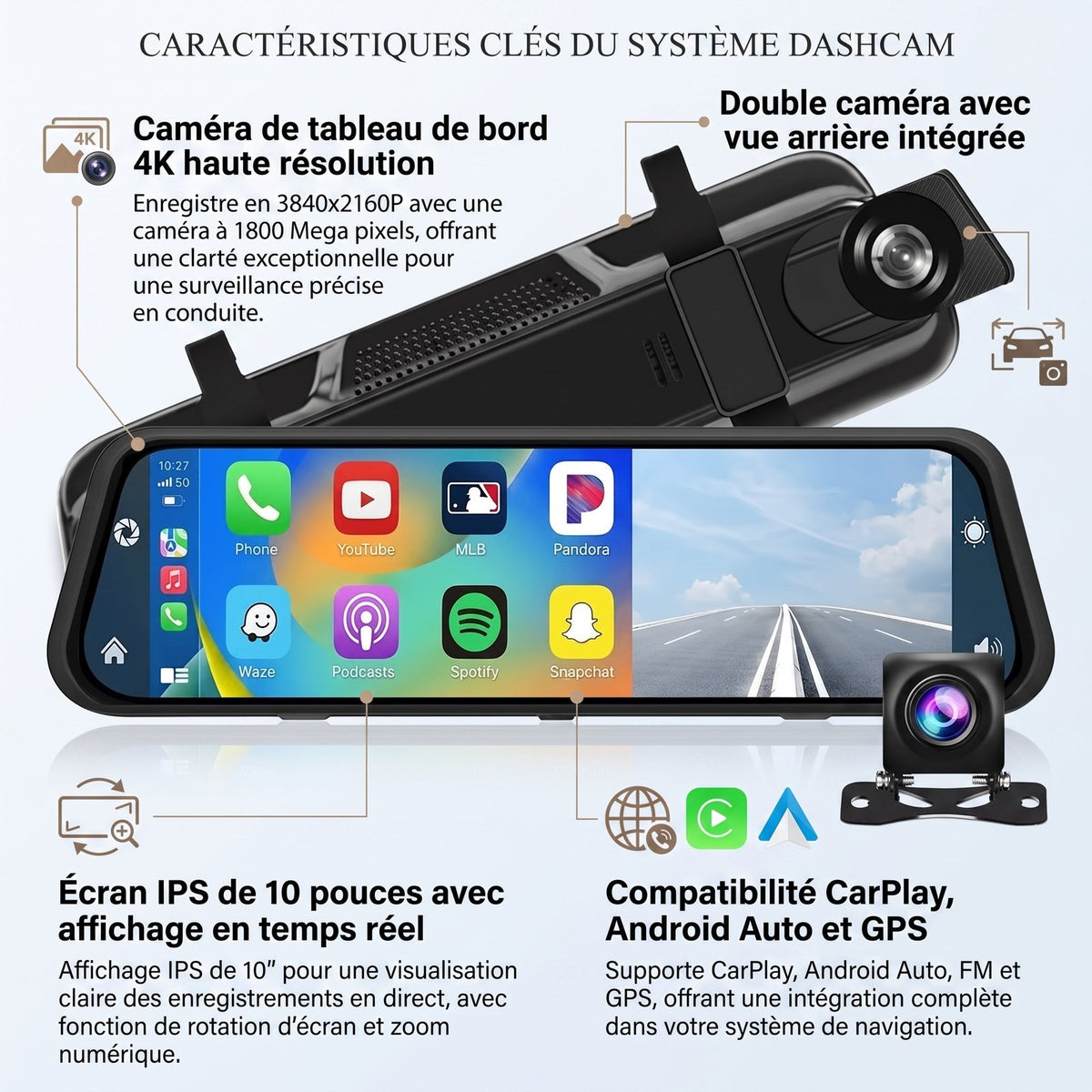 Rétroviseur CarPlay fixé par sangles sur le rétroviseur d'origine