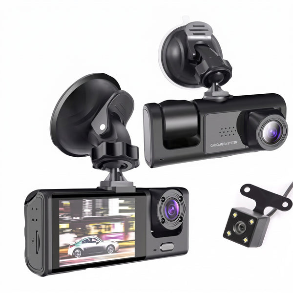 Dashcam 3 caméras Full HD avec écran IPS, caméra arrière et support ventouse