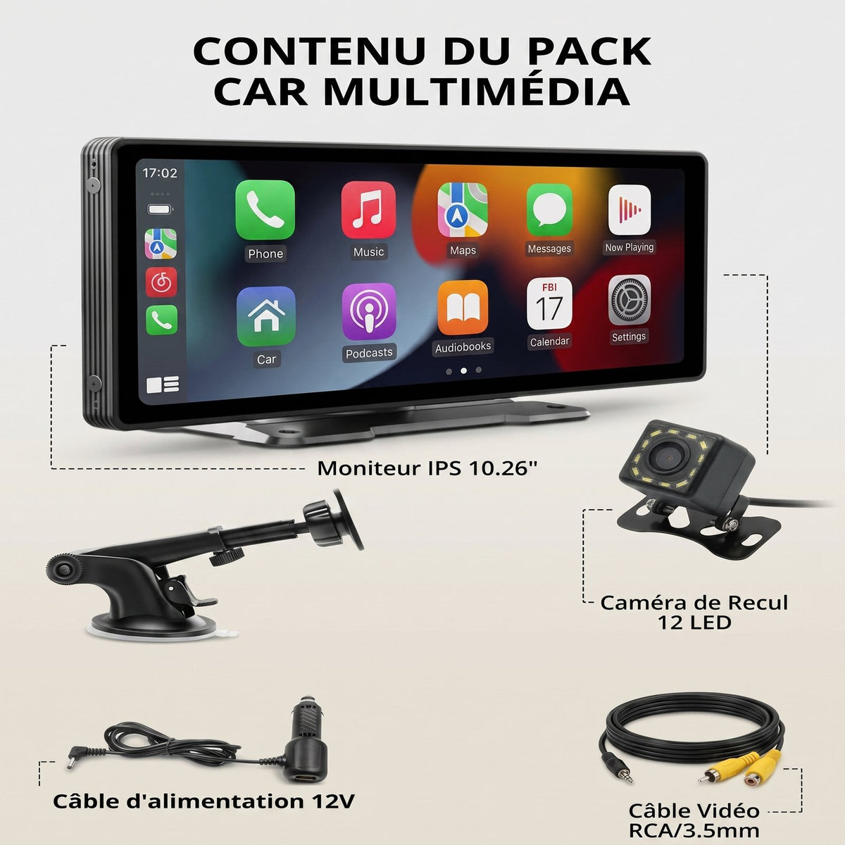 Contenu du pack écran CarPlay 10,26 pouces avec câbles et support