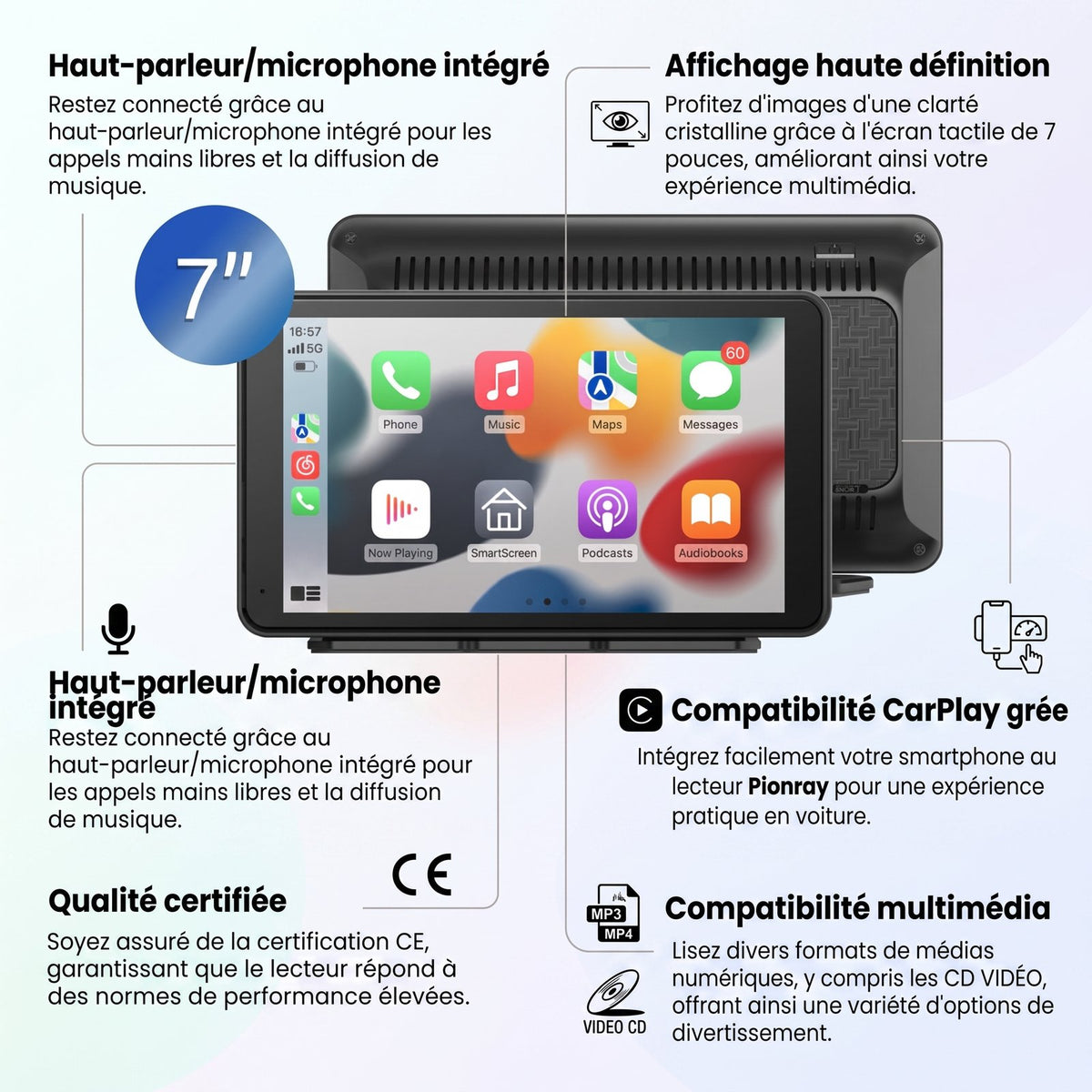 Écran CarPlay portable 7 pouces avec option caméra de recul