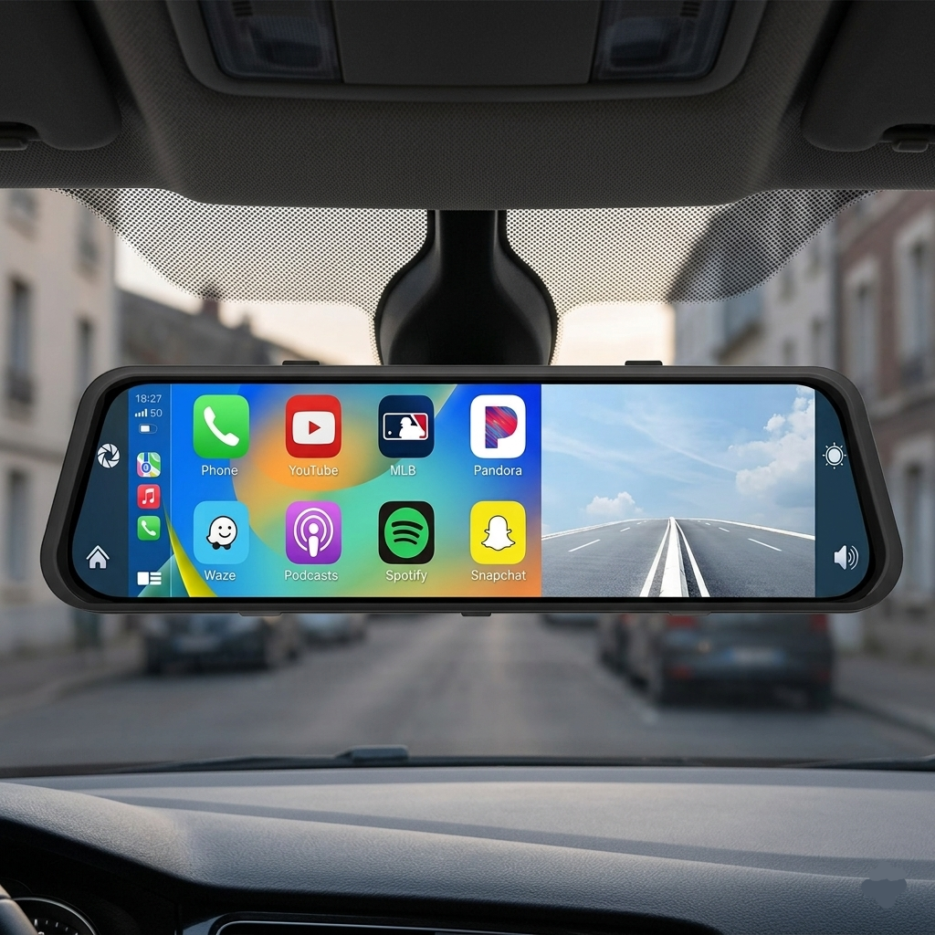 Rétroviseur CarPlay 10 pouces navigation GPS caméra recul intégrée