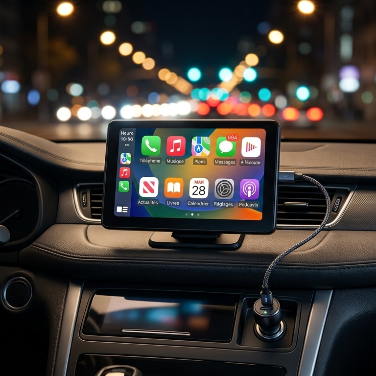 Mini écran CarPlay allume-cigare connecté iPhone Android Auto voiture