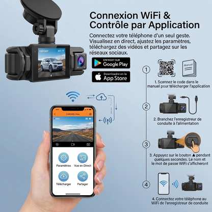 Dashcam WiFi 2 canaux Full HD 1080P – Avant et habitacle avec vision nocturne