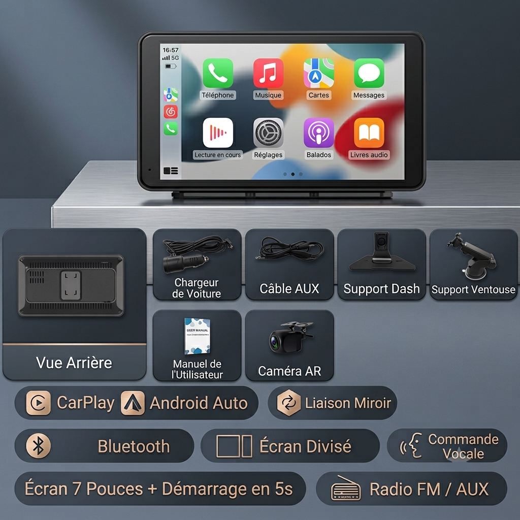 Écran Tactile Compatible CarPlay et Android Auto 7 Pouces Portable sans fil