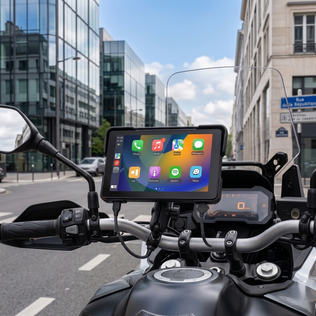 Fixation guidon écran CarPlay moto 5 pouces étanche pluie IPX5
