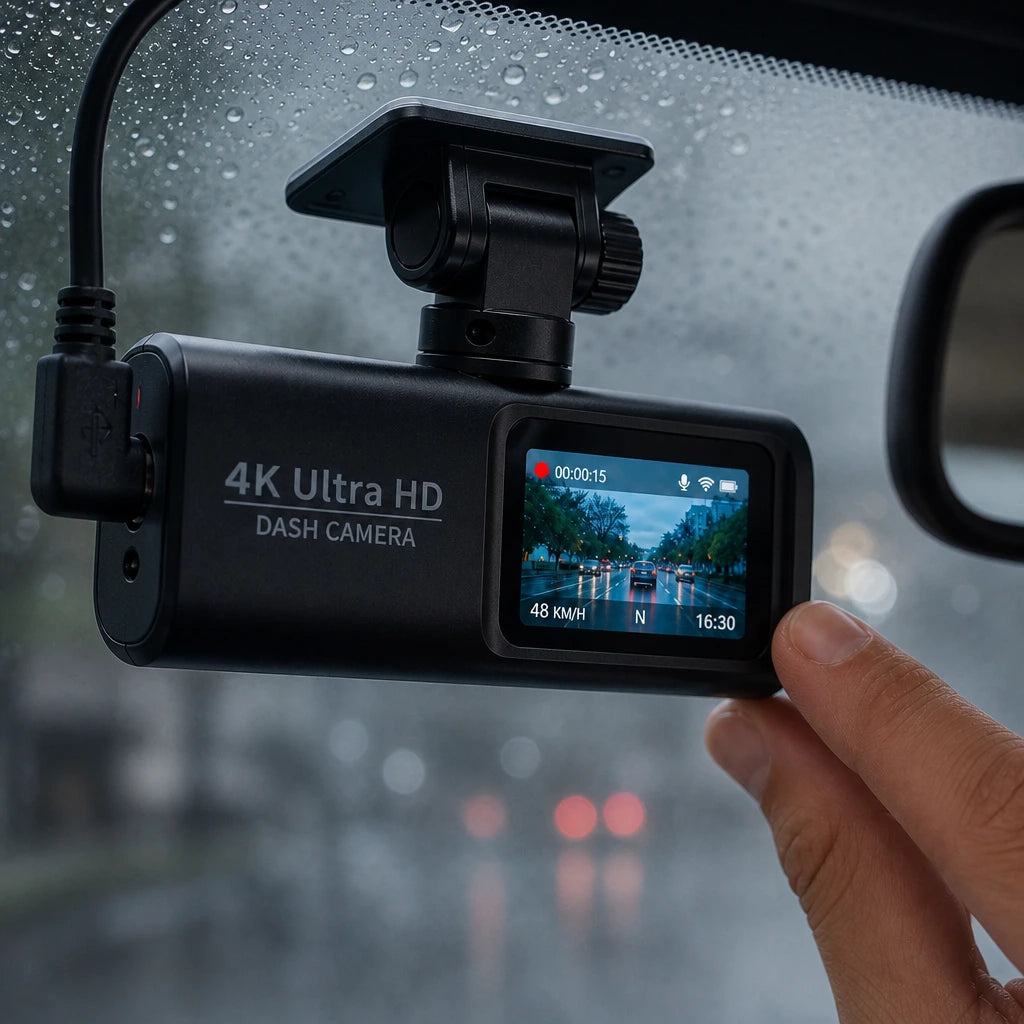 Gros plan de la dashcam 4K Ultra HD fixée au pare-brise, écran allumé