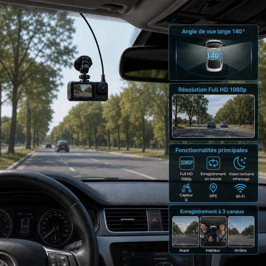 Dashcam 3 caméras fixée au pare-brise : Full HD 1080P, enregistrement avant, habitacle et arrière